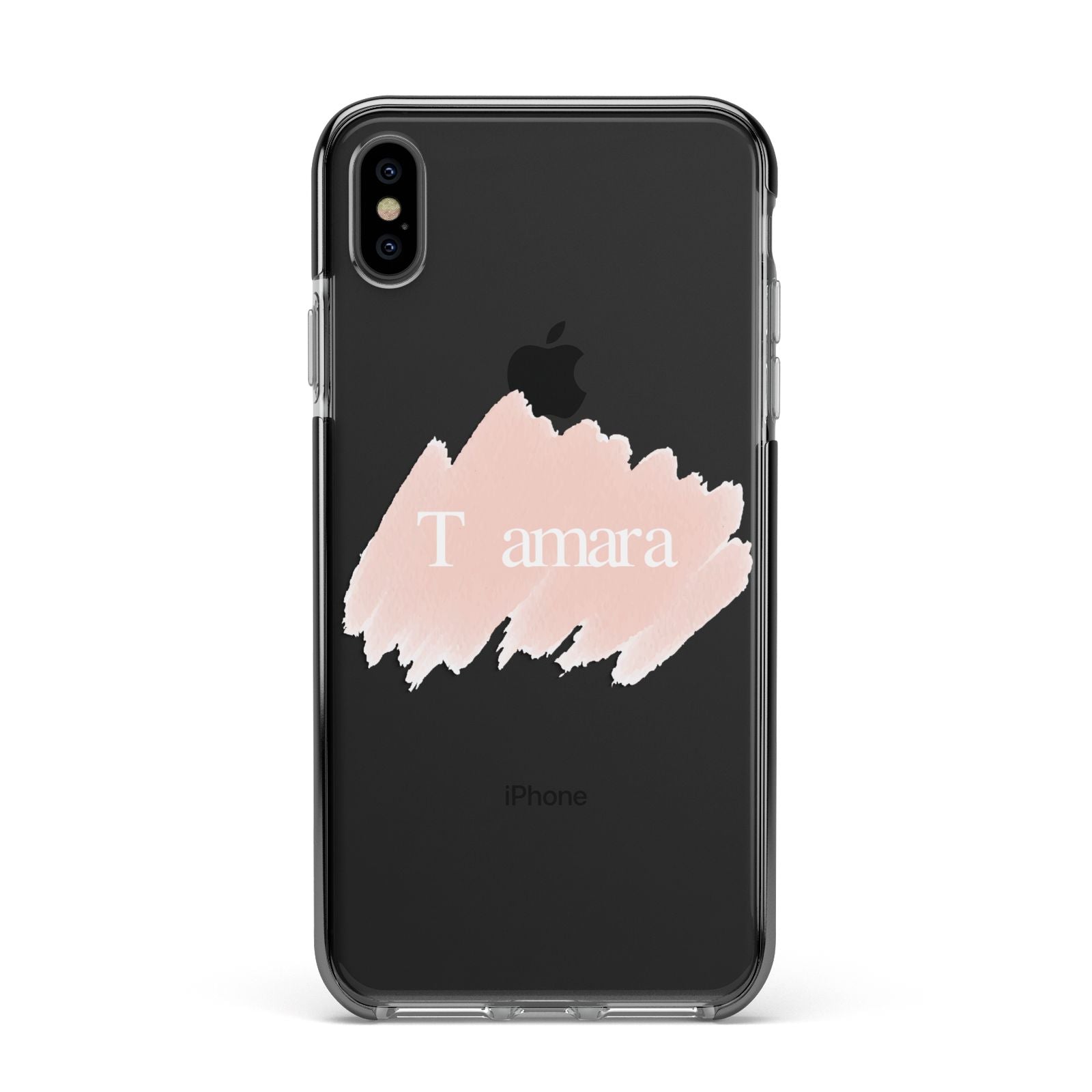 Personalised See Throiugh Clear Name Apple iPhone Xs Max Impact Case Black Edge on Black Phone
