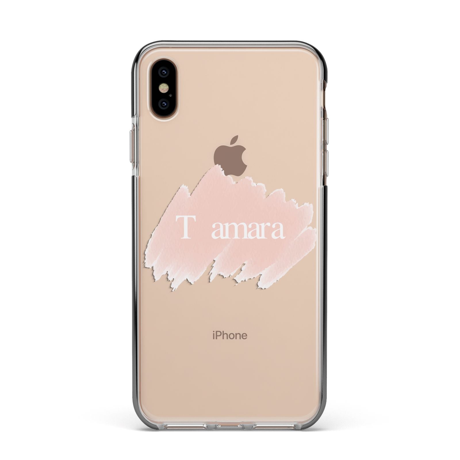 Personalised See Throiugh Clear Name Apple iPhone Xs Max Impact Case Black Edge on Gold Phone