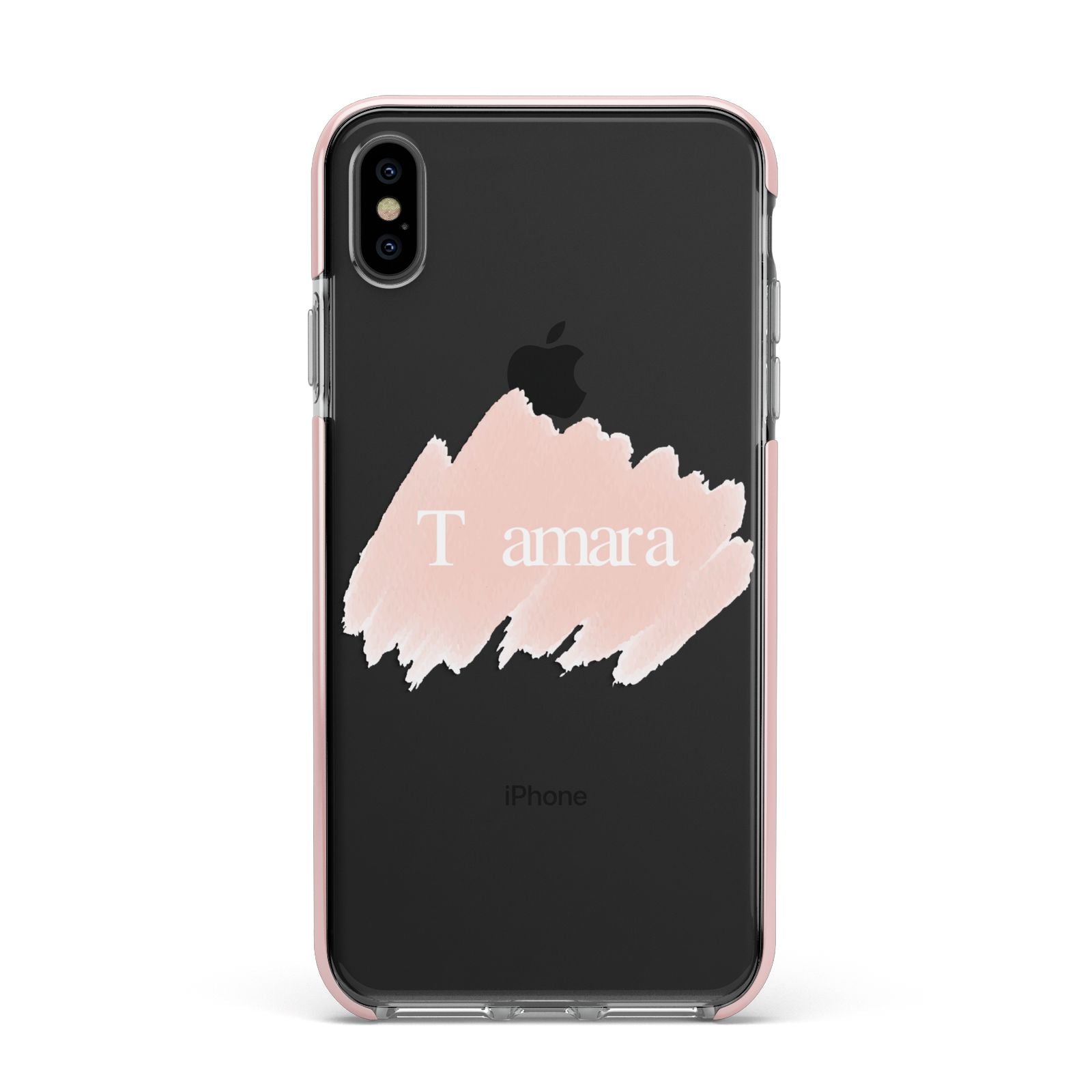 Personalised See Throiugh Clear Name Apple iPhone Xs Max Impact Case Pink Edge on Black Phone