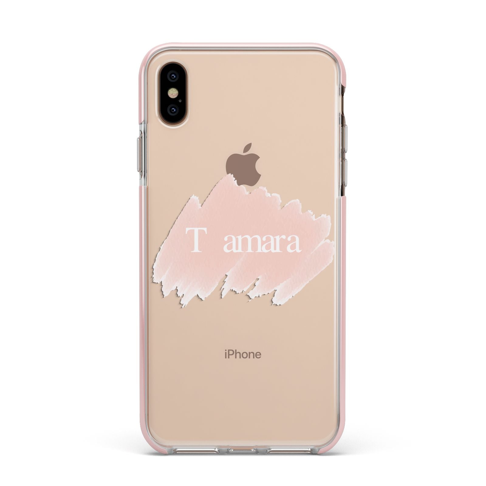 Personalised See Throiugh Clear Name Apple iPhone Xs Max Impact Case Pink Edge on Gold Phone