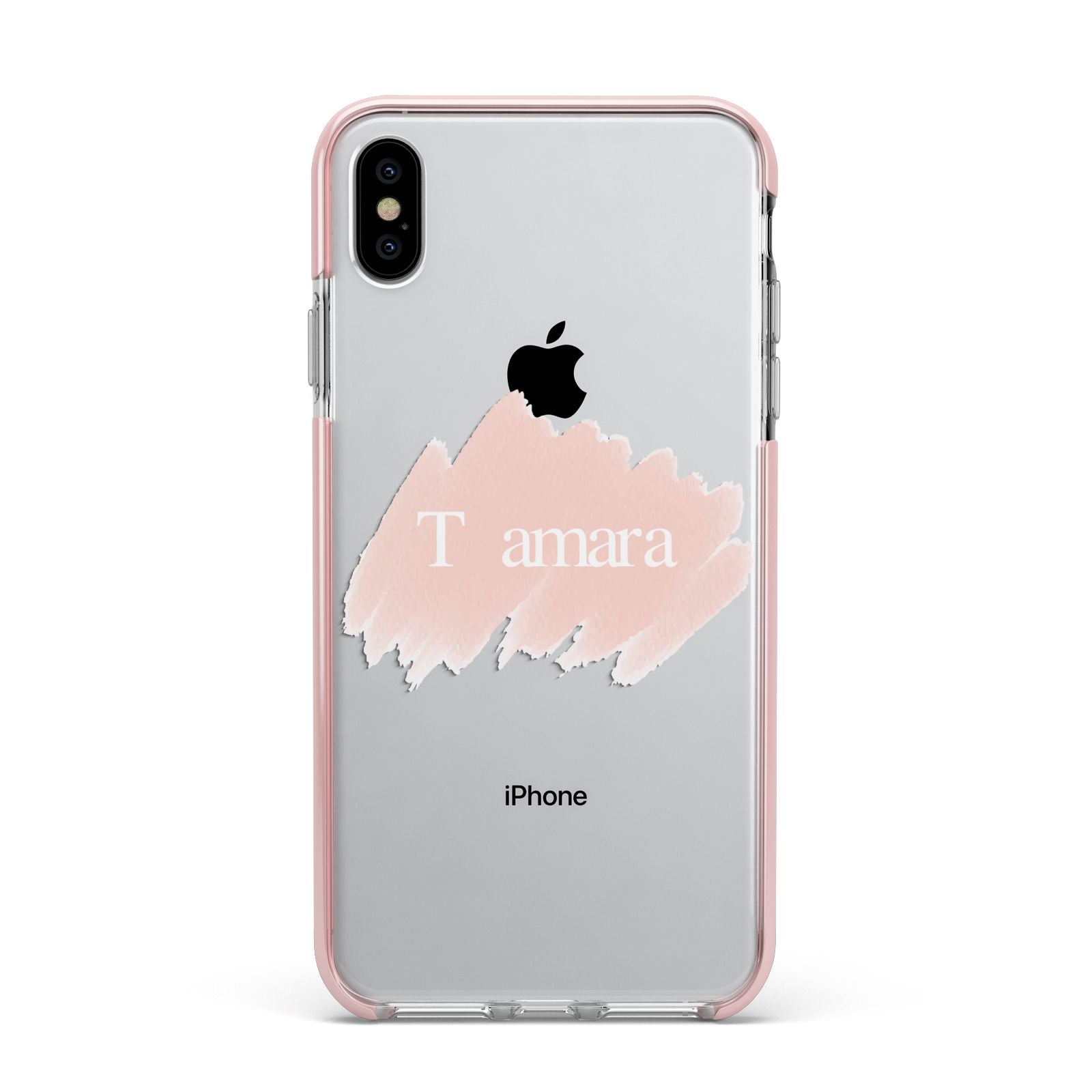 Personalised See Throiugh Clear Name Apple iPhone Xs Max Impact Case Pink Edge on Silver Phone