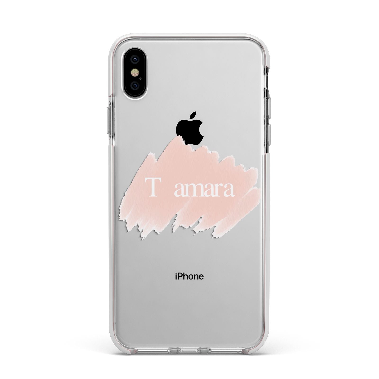 Personalised See Throiugh Clear Name Apple iPhone Xs Max Impact Case White Edge on Silver Phone