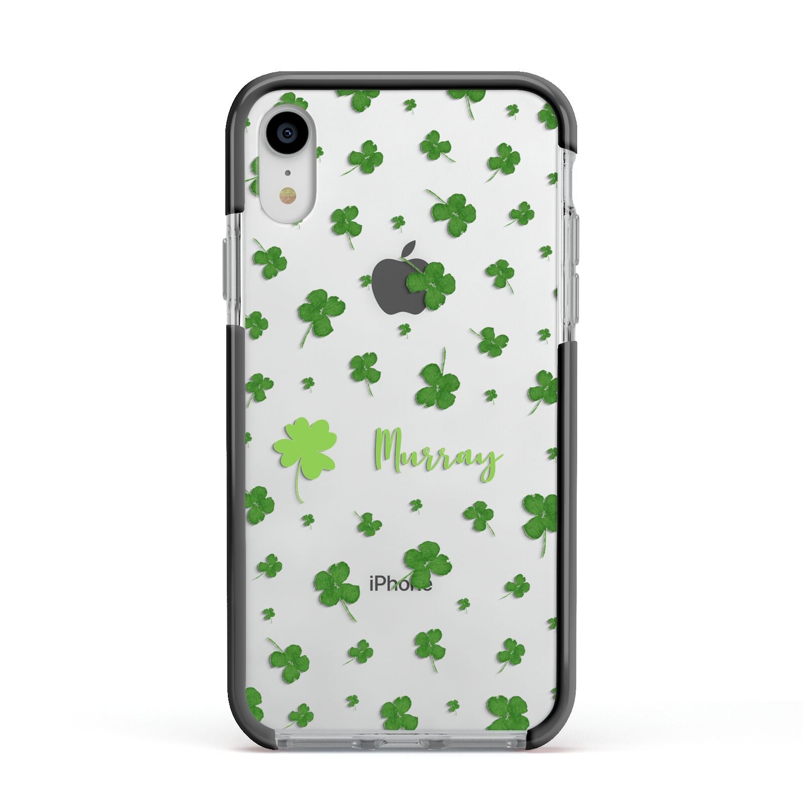 Personalised Shamrock Apple iPhone XR Impact Case Black Edge on Silver Phone