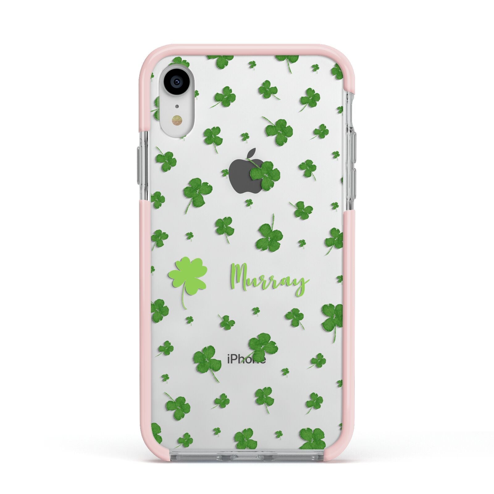 Personalised Shamrock Apple iPhone XR Impact Case Pink Edge on Silver Phone