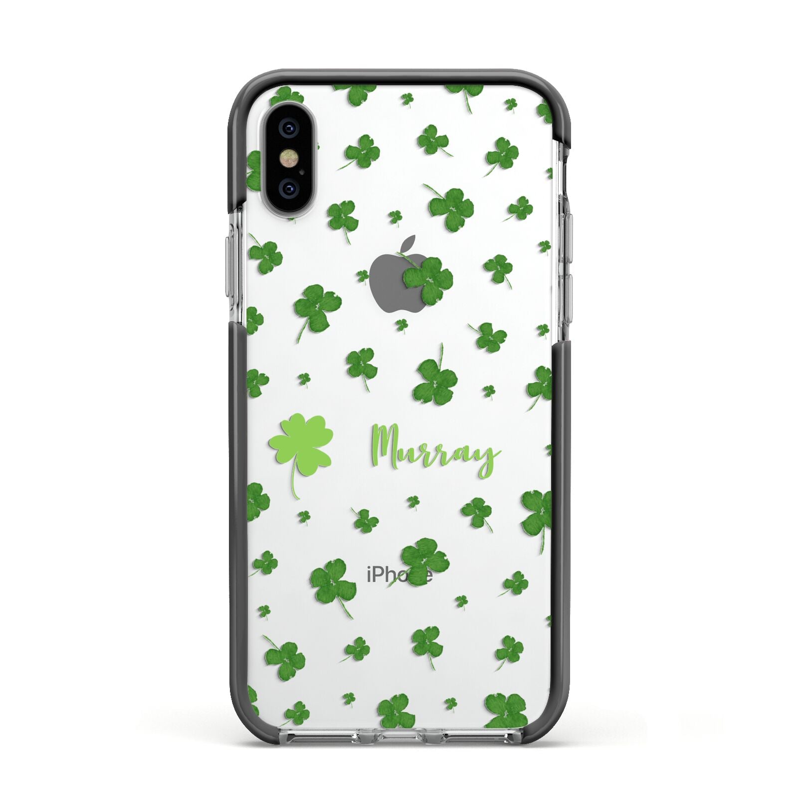 Personalised Shamrock Apple iPhone Xs Impact Case Black Edge on Silver Phone