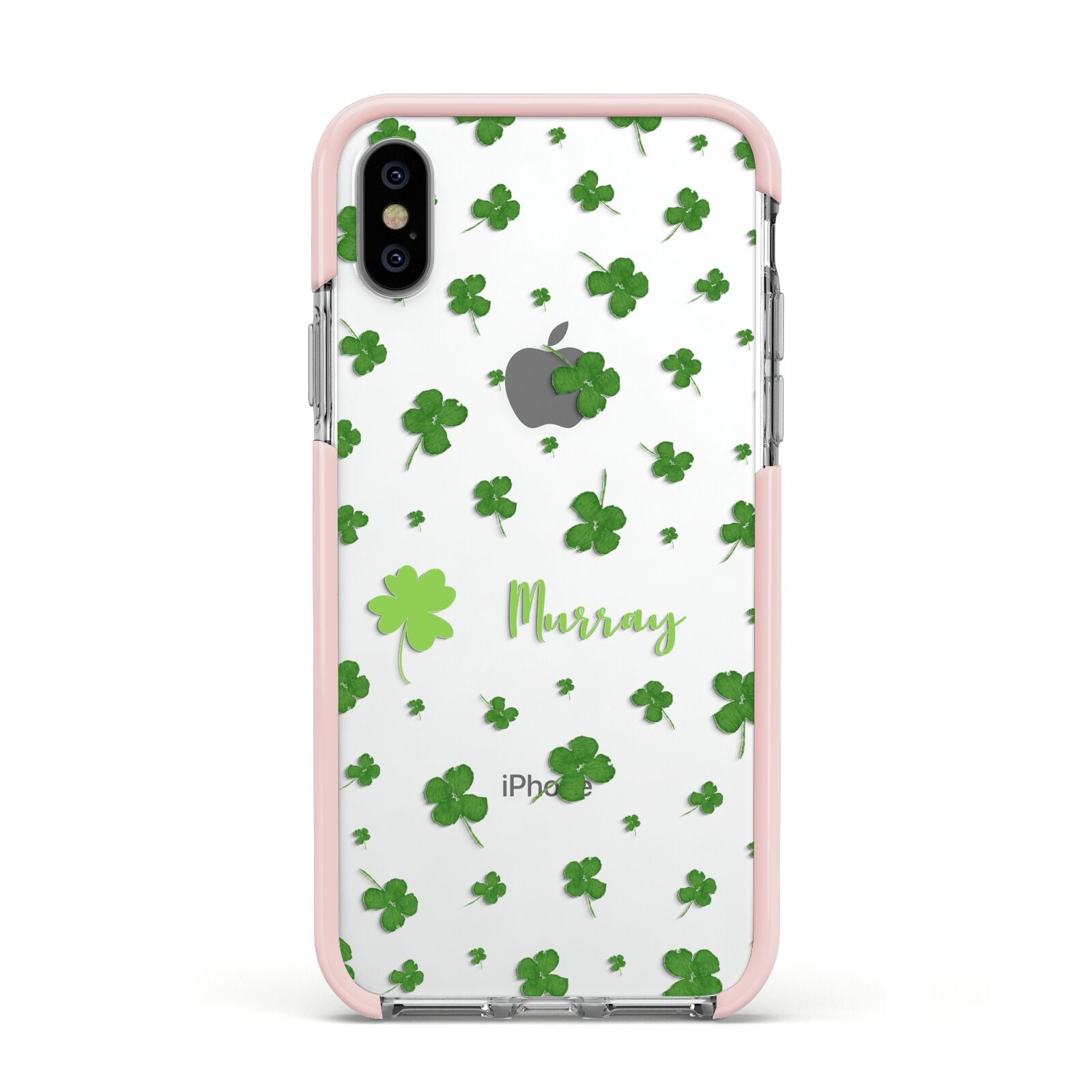Personalised Shamrock Apple iPhone Xs Impact Case Pink Edge on Silver Phone