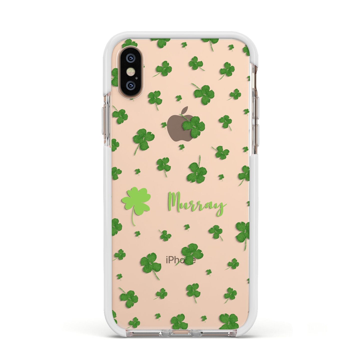 Personalised Shamrock Apple iPhone Xs Impact Case White Edge on Gold Phone