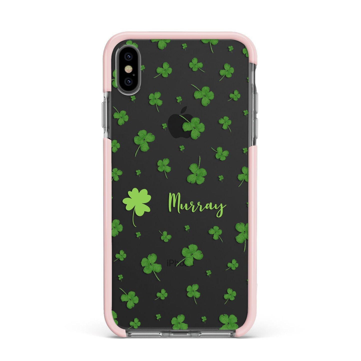 Personalised Shamrock Apple iPhone Xs Max Impact Case Pink Edge on Black Phone