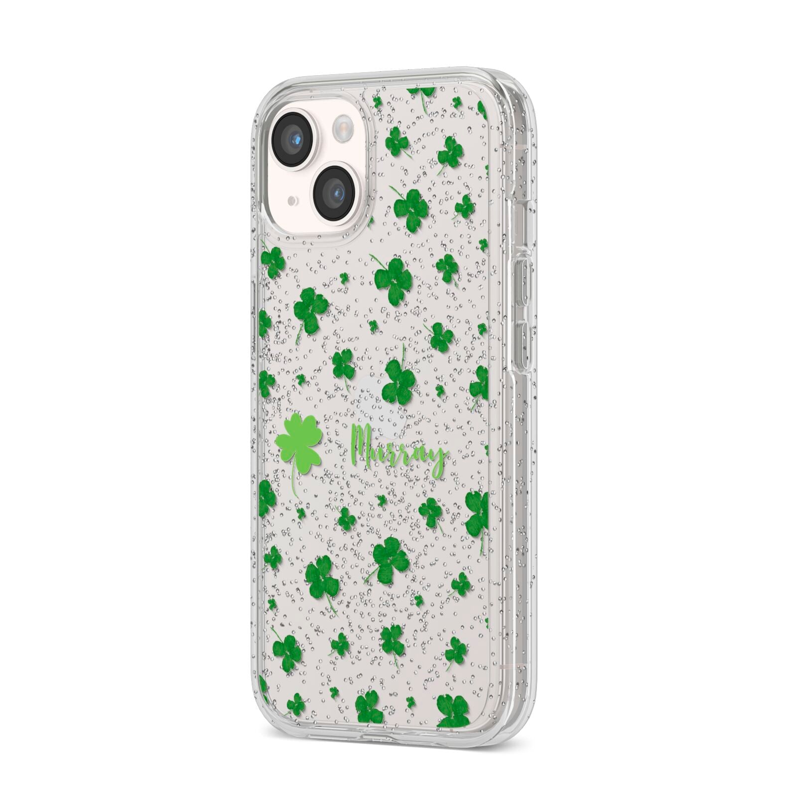 Personalised Shamrock iPhone 14 Glitter Tough Case Starlight Angled Image