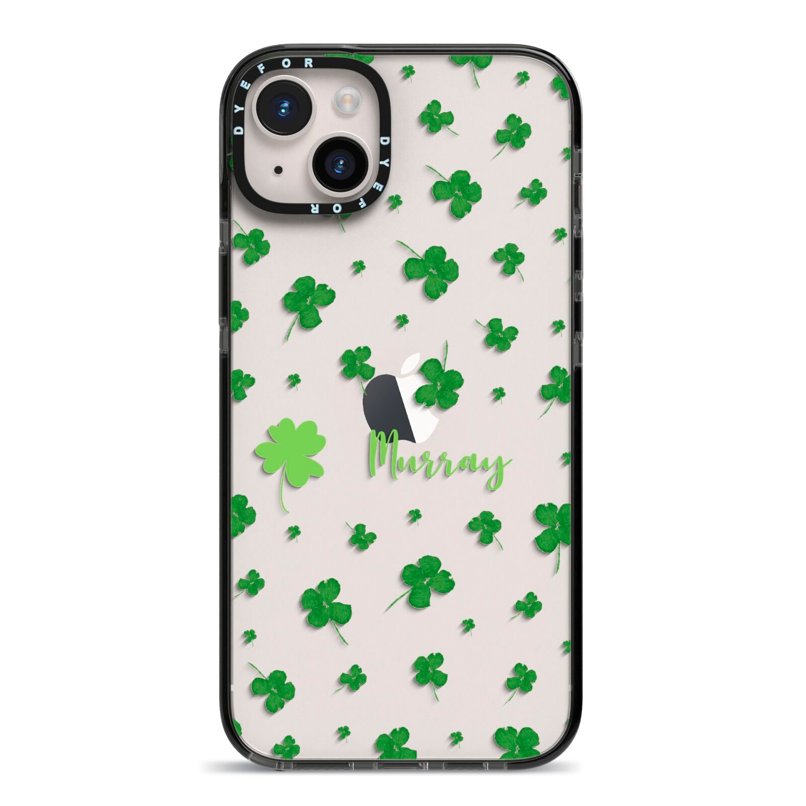 Personalised Shamrock iPhone 14 Plus Black Impact Case on Silver phone