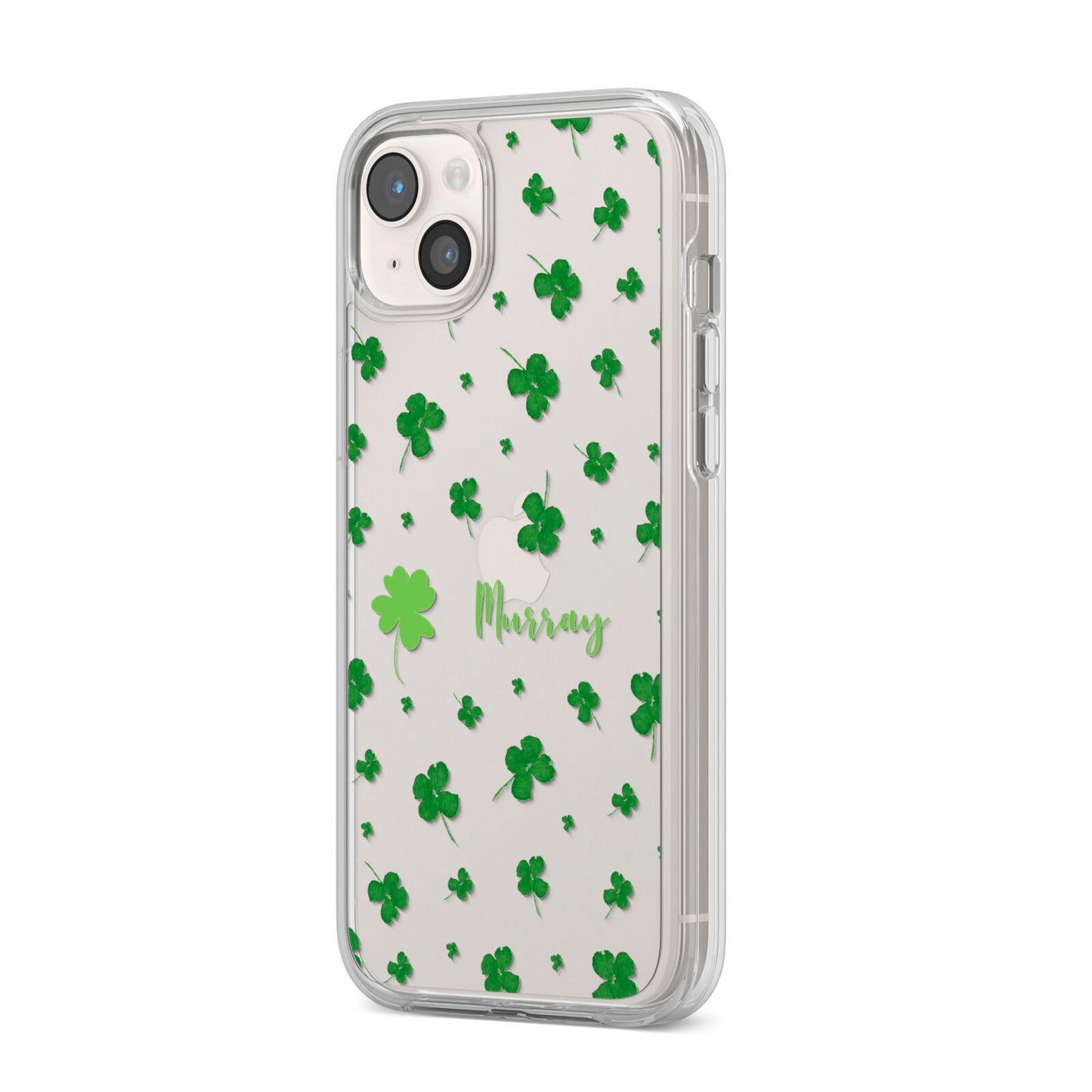 Personalised Shamrock iPhone 14 Plus Clear Tough Case Starlight Angled Image