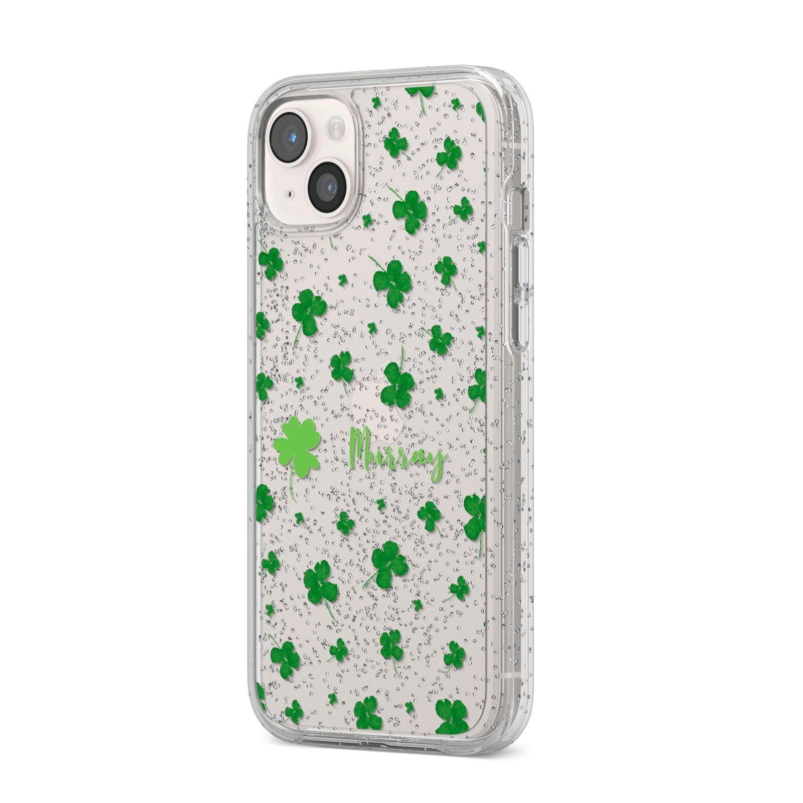 Personalised Shamrock iPhone 14 Plus Glitter Tough Case Starlight Angled Image