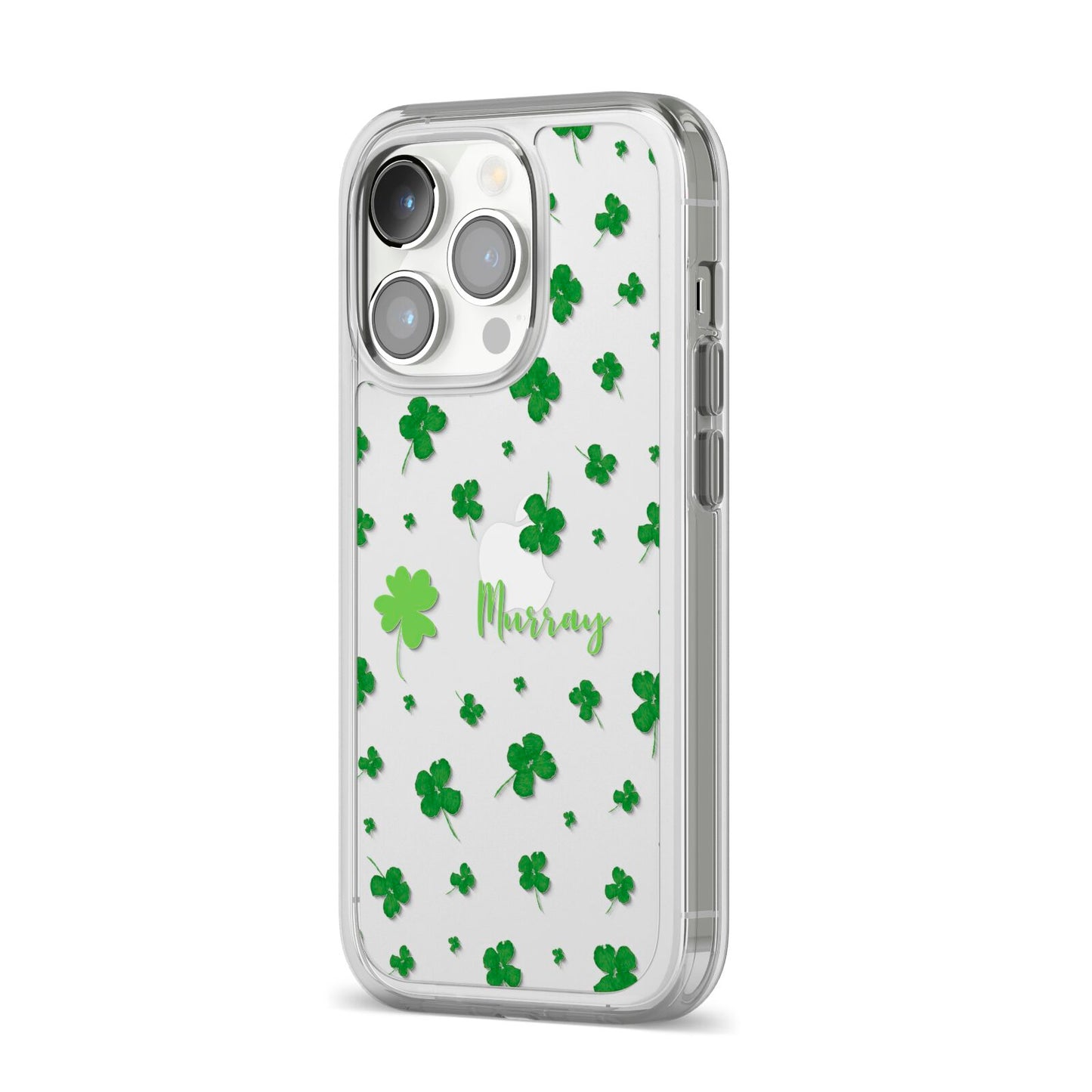 Personalised Shamrock iPhone 14 Pro Clear Tough Case Silver Angled Image