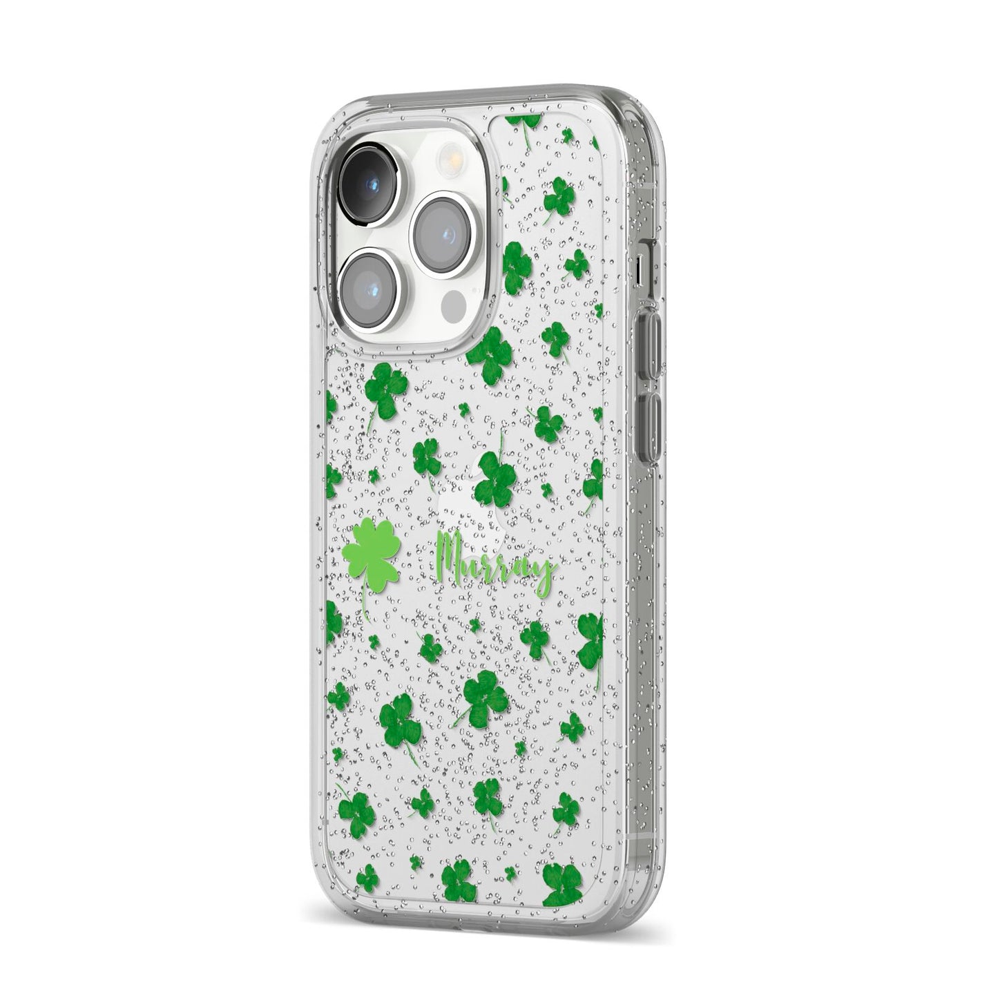 Personalised Shamrock iPhone 14 Pro Glitter Tough Case Silver Angled Image