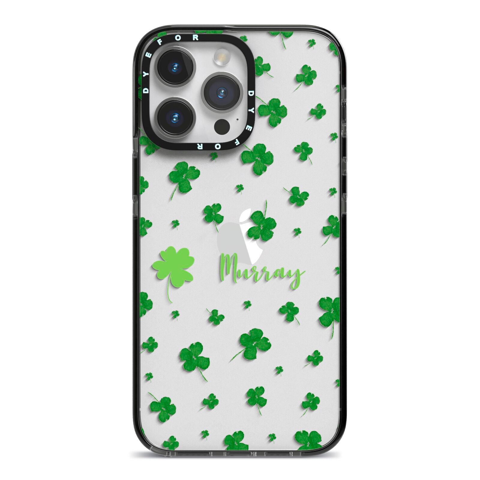 Personalised Shamrock iPhone 14 Pro Max Black Impact Case on Silver phone
