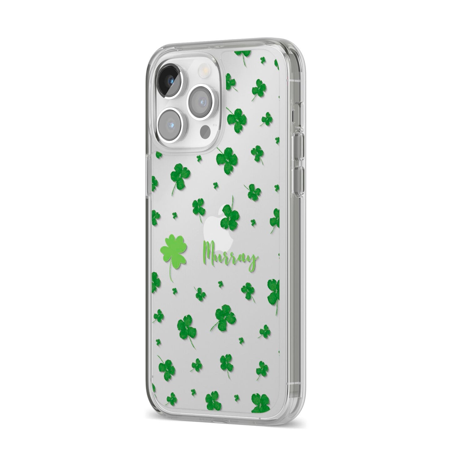Personalised Shamrock iPhone 14 Pro Max Clear Tough Case Silver Angled Image