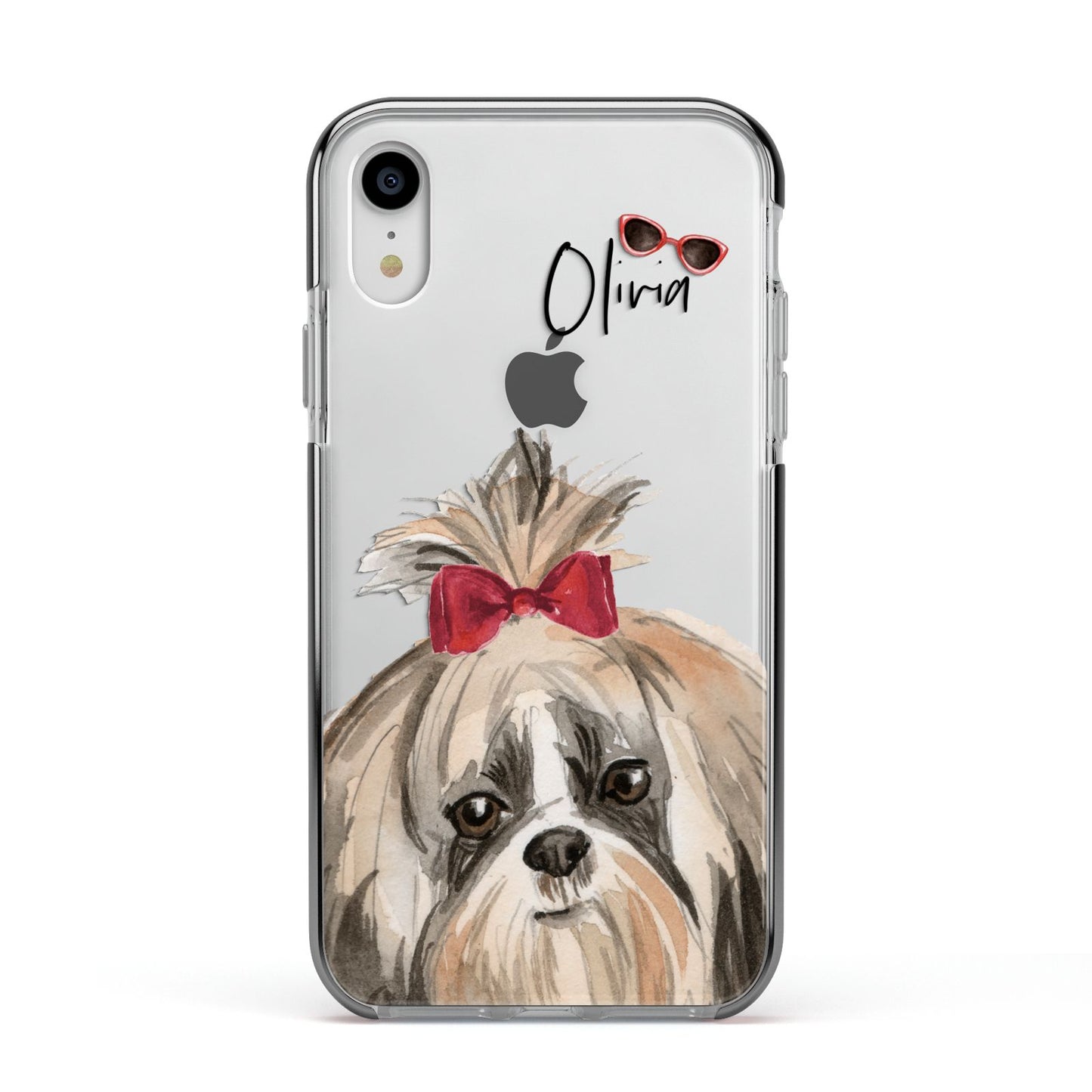 Personalised Shih Tzu Dog Apple iPhone XR Impact Case Black Edge on Silver Phone