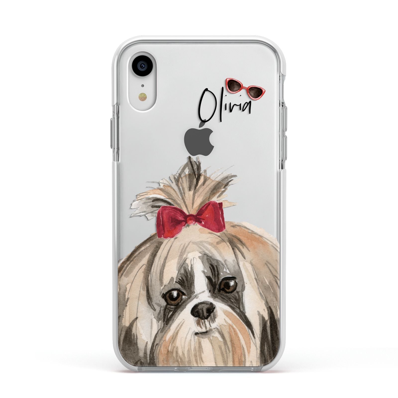 Personalised Shih Tzu Dog Apple iPhone XR Impact Case White Edge on Silver Phone