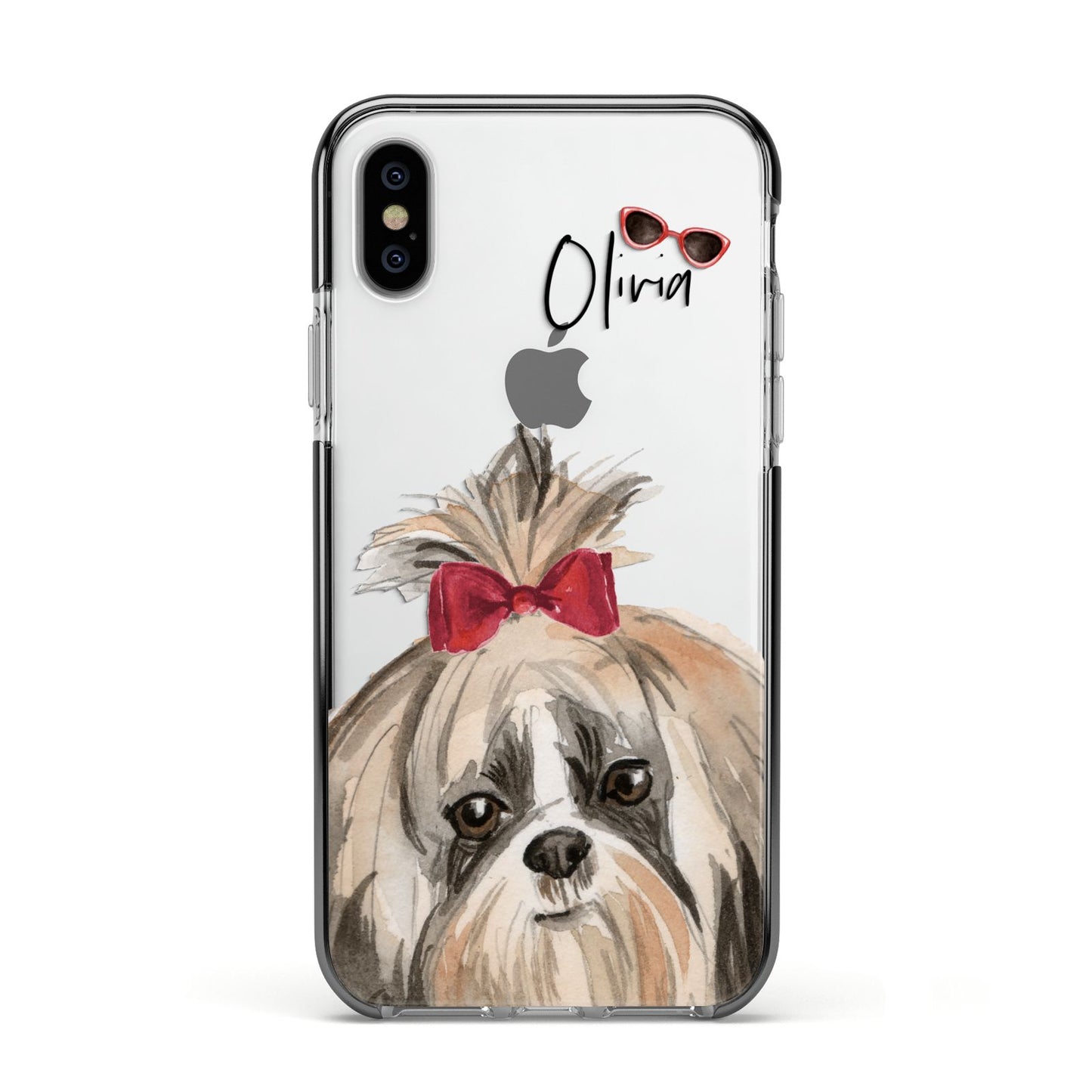 Personalised Shih Tzu Dog Apple iPhone Xs Impact Case Black Edge on Silver Phone