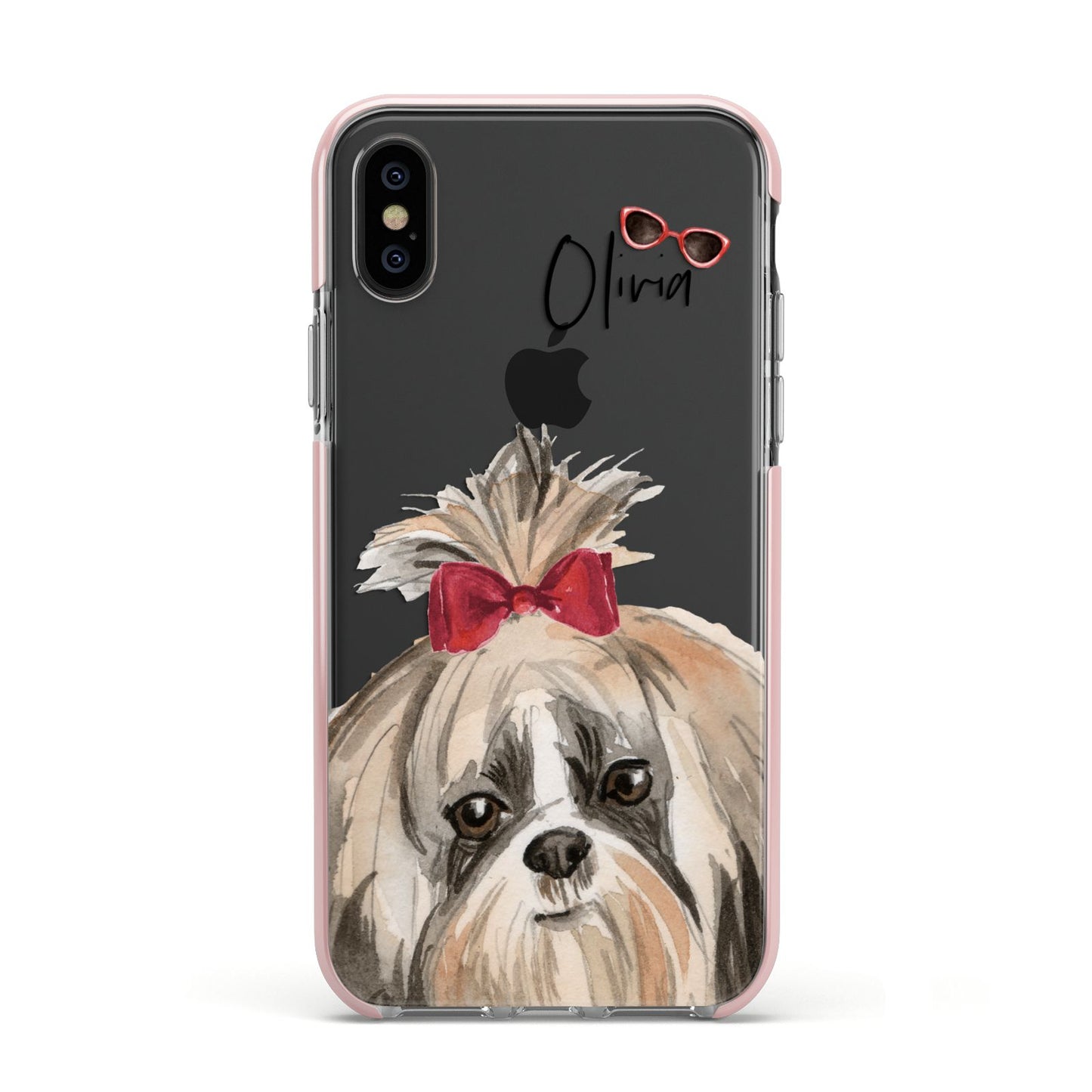 Personalised Shih Tzu Dog Apple iPhone Xs Impact Case Pink Edge on Black Phone