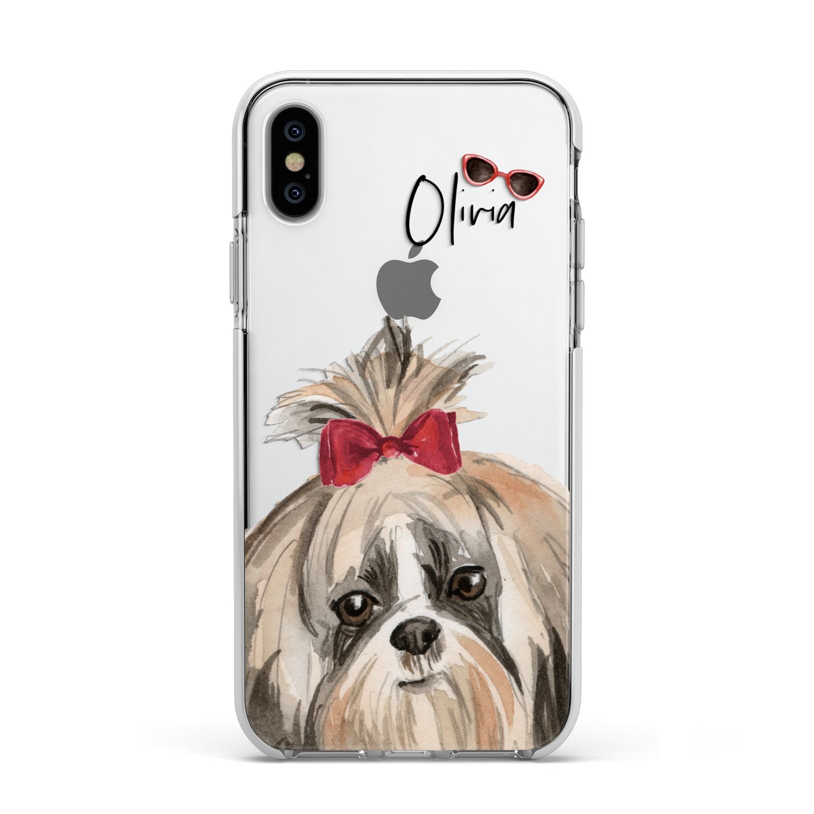Personalised Shih Tzu Dog Apple iPhone Xs Impact Case White Edge on Silver Phone