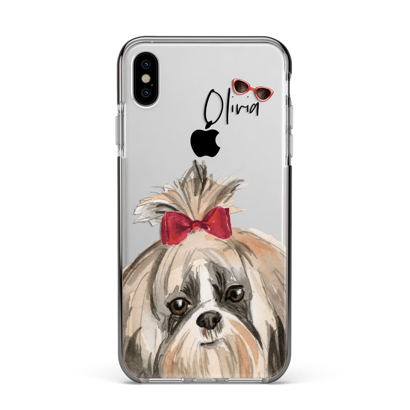 Personalised Shih Tzu Dog Apple iPhone Xs Max Impact Case Black Edge on Silver Phone