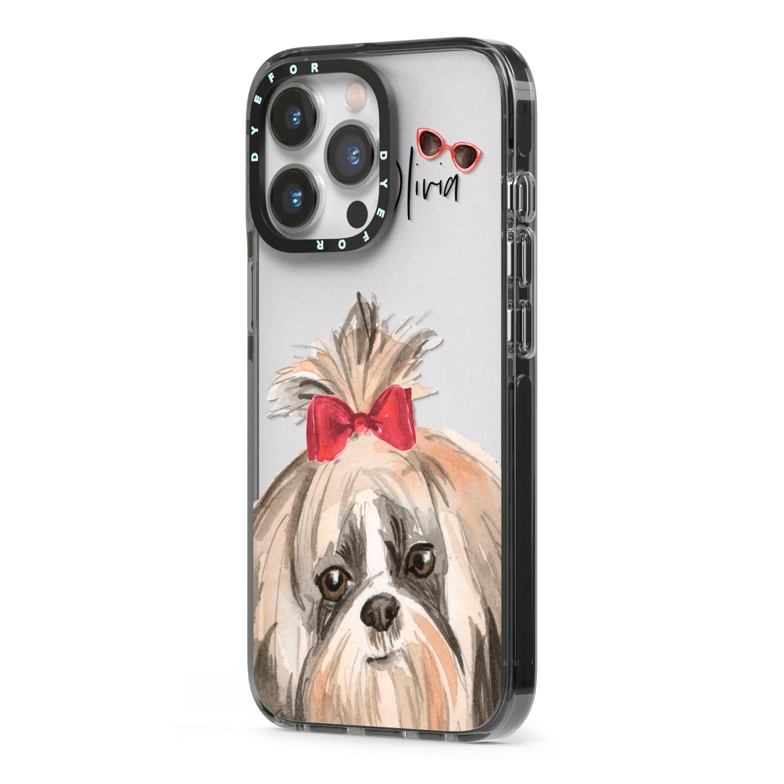 Personalised Shih Tzu Dog iPhone 13 Pro Black Impact Case Side Angle on Silver phone