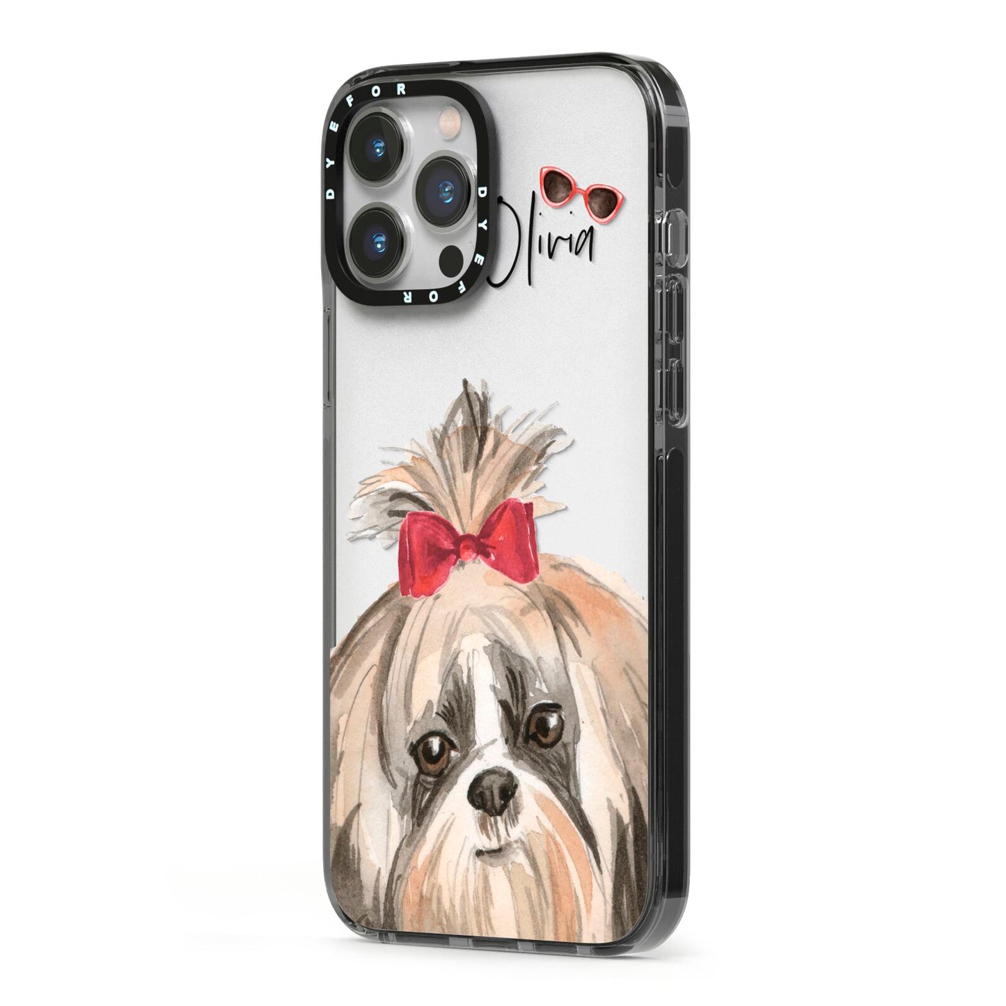 Personalised Shih Tzu Dog iPhone 13 Pro Max Black Impact Case Side Angle on Silver phone