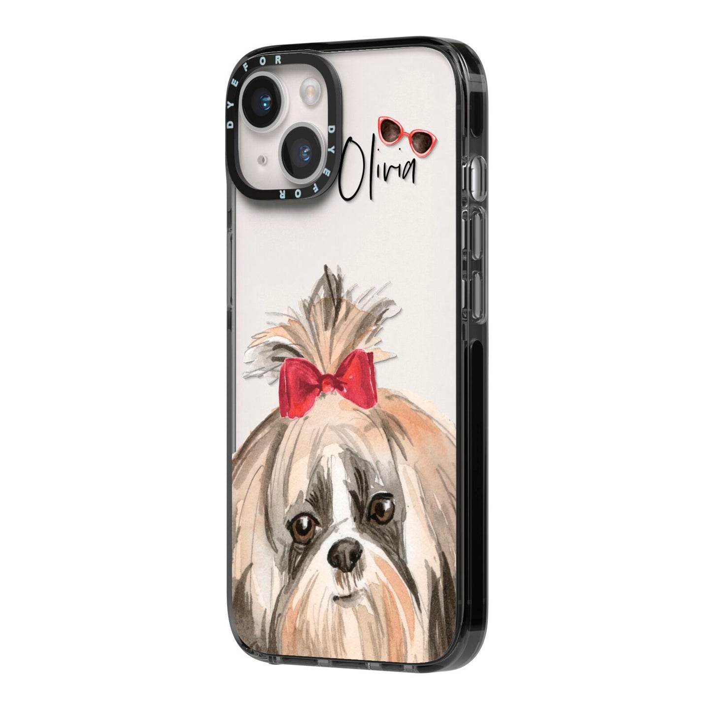 Personalised Shih Tzu Dog iPhone 14 Black Impact Case Side Angle on Silver phone