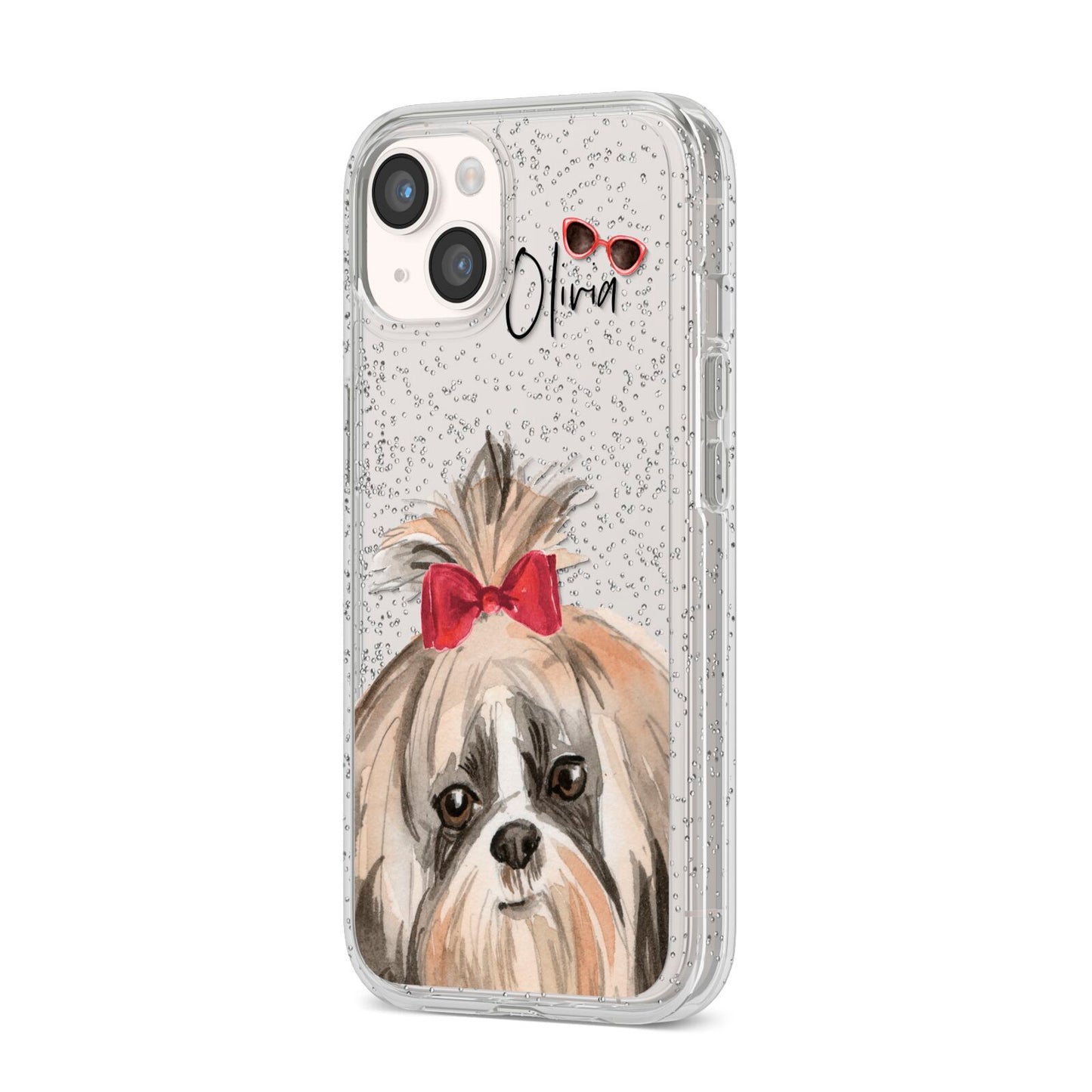 Personalised Shih Tzu Dog iPhone 14 Glitter Tough Case Starlight Angled Image