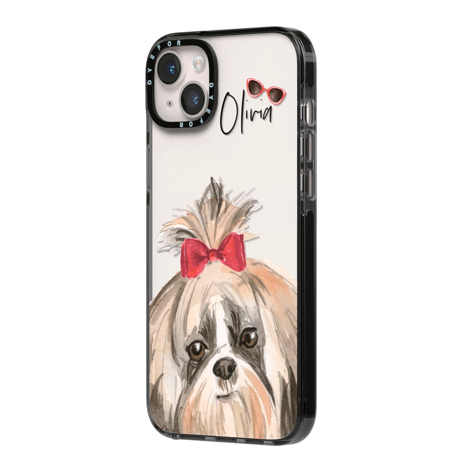 Personalised Shih Tzu Dog iPhone 14 Plus Black Impact Case Side Angle on Silver phone
