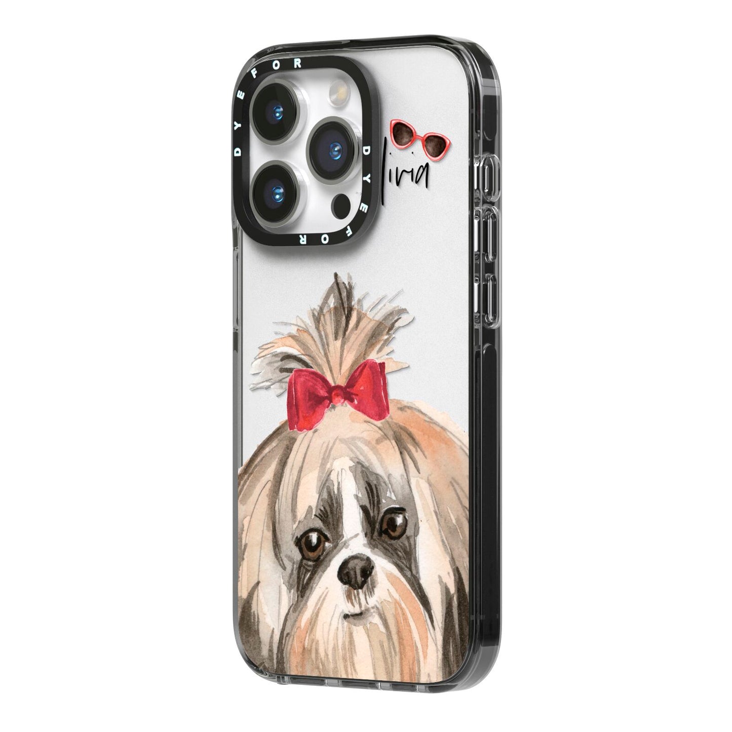 Personalised Shih Tzu Dog iPhone 14 Pro Black Impact Case Side Angle on Silver phone