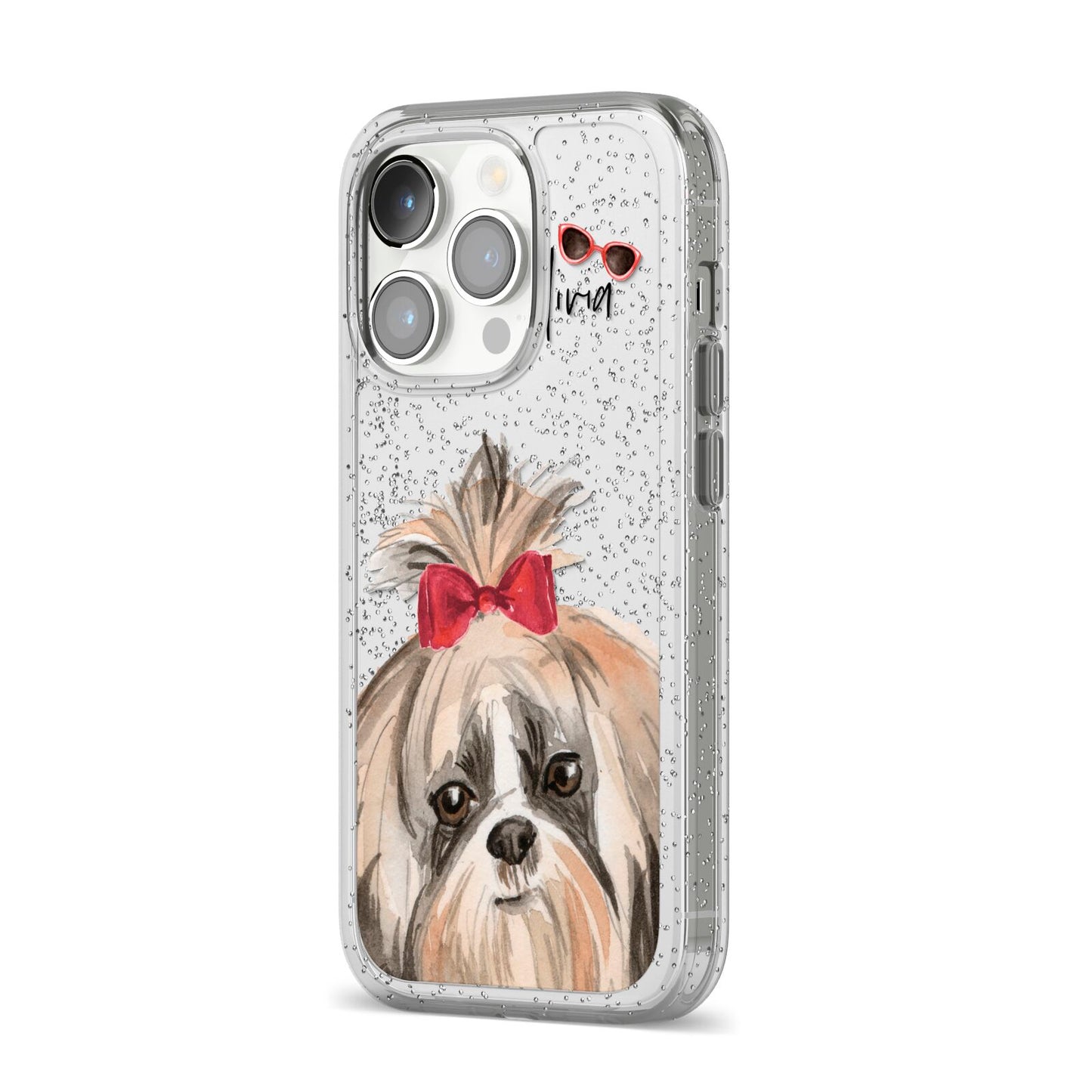 Personalised Shih Tzu Dog iPhone 14 Pro Glitter Tough Case Silver Angled Image