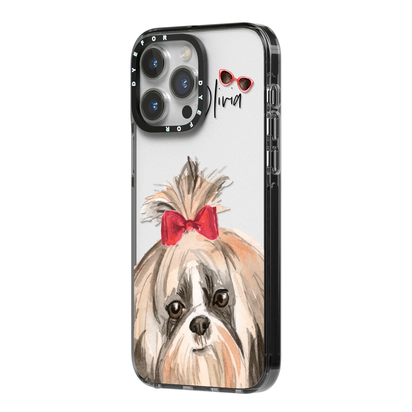 Personalised Shih Tzu Dog iPhone 14 Pro Max Black Impact Case Side Angle on Silver phone