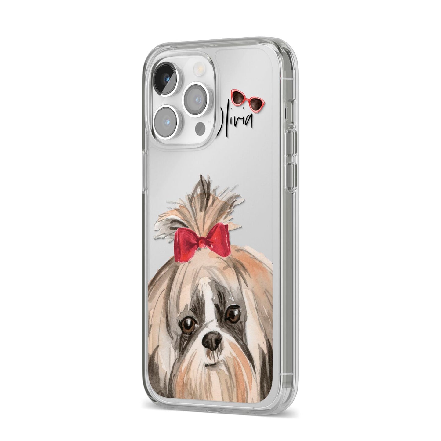 Personalised Shih Tzu Dog iPhone 14 Pro Max Clear Tough Case Silver Angled Image