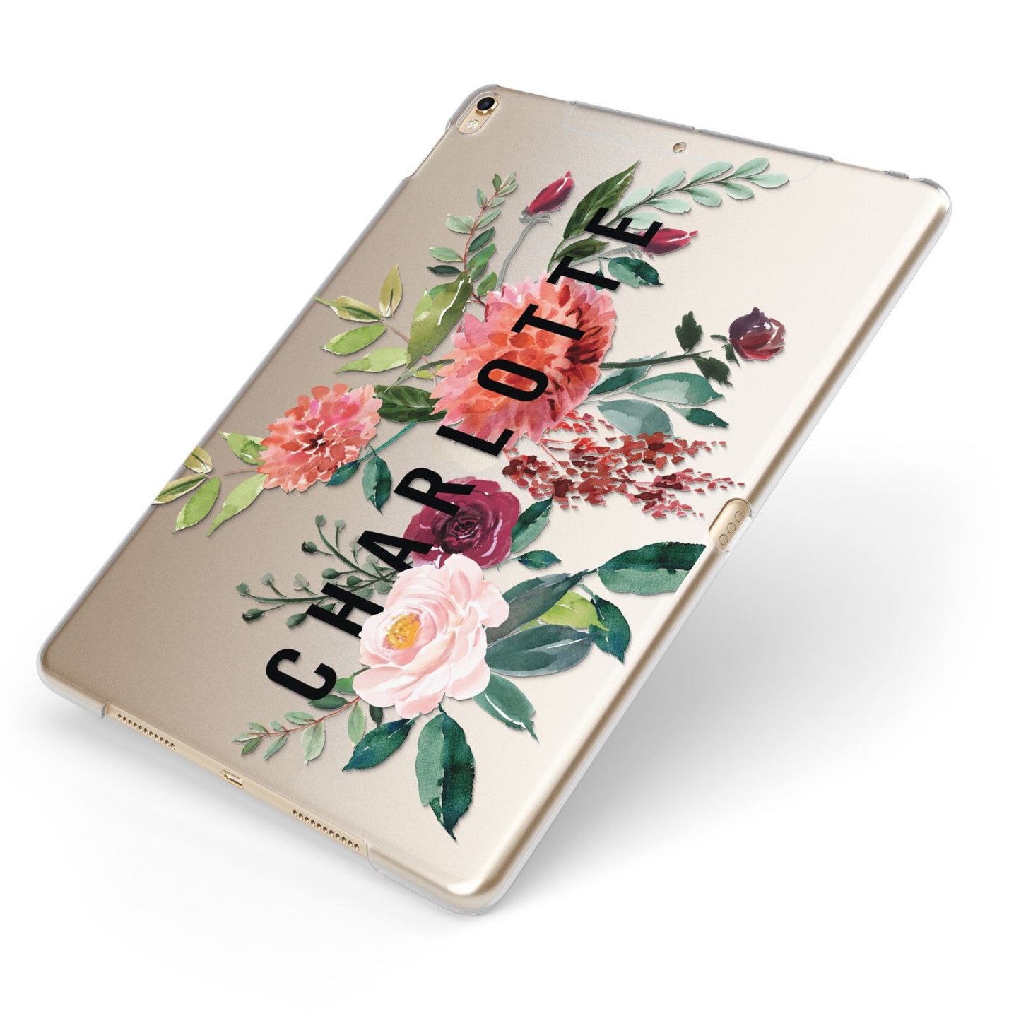 Personalised Side Name Clear Floral Apple iPad Case on Gold iPad Side View