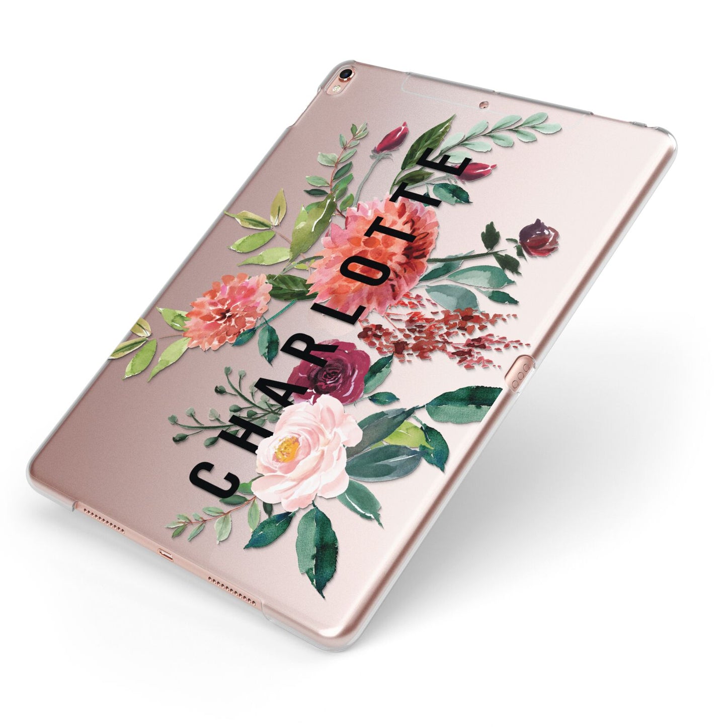 Personalised Side Name Clear Floral Apple iPad Case on Rose Gold iPad Side View