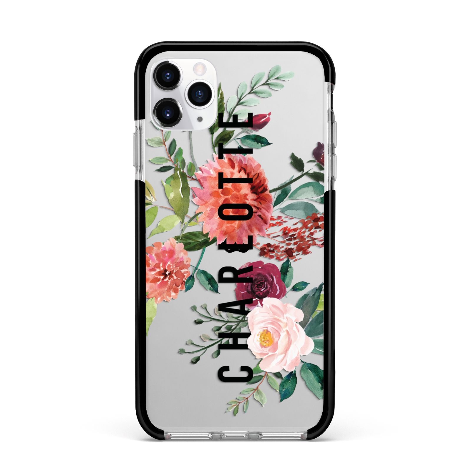 Personalised Side Name Clear Floral Apple iPhone 11 Pro Max in Silver with Black Impact Case