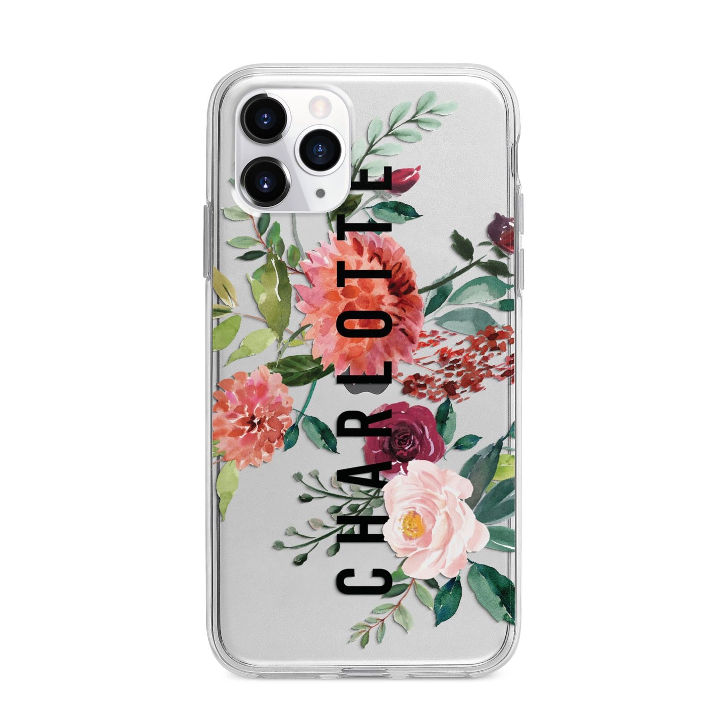 Personalised Side Name Clear Floral Apple iPhone 11 Pro Max in Silver with Bumper Case