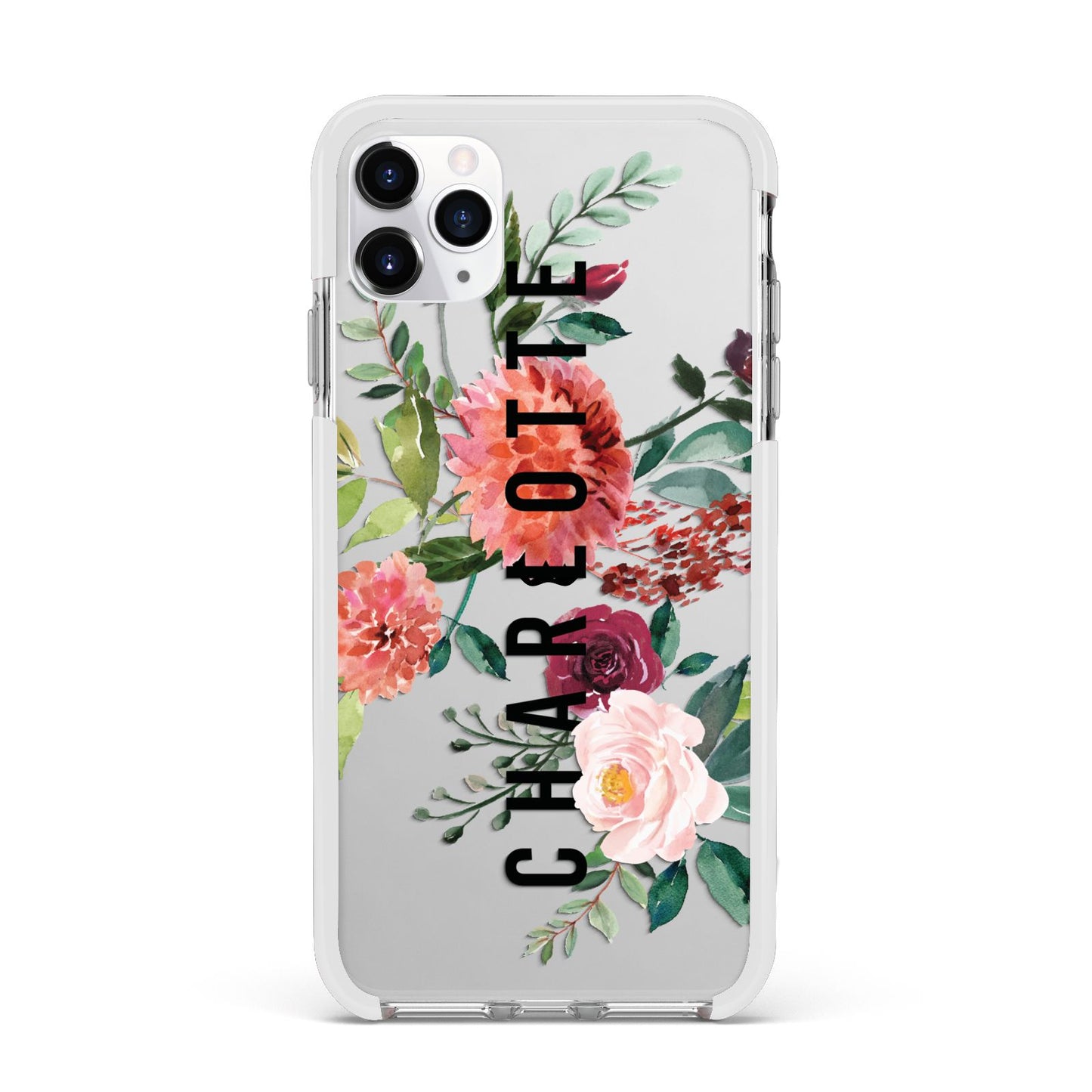 Personalised Side Name Clear Floral Apple iPhone 11 Pro Max in Silver with White Impact Case