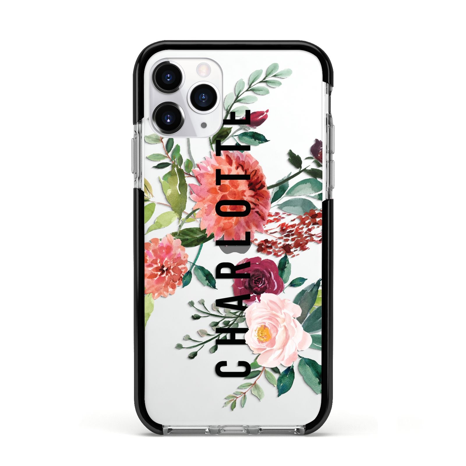 Personalised Side Name Clear Floral Apple iPhone 11 Pro in Silver with Black Impact Case