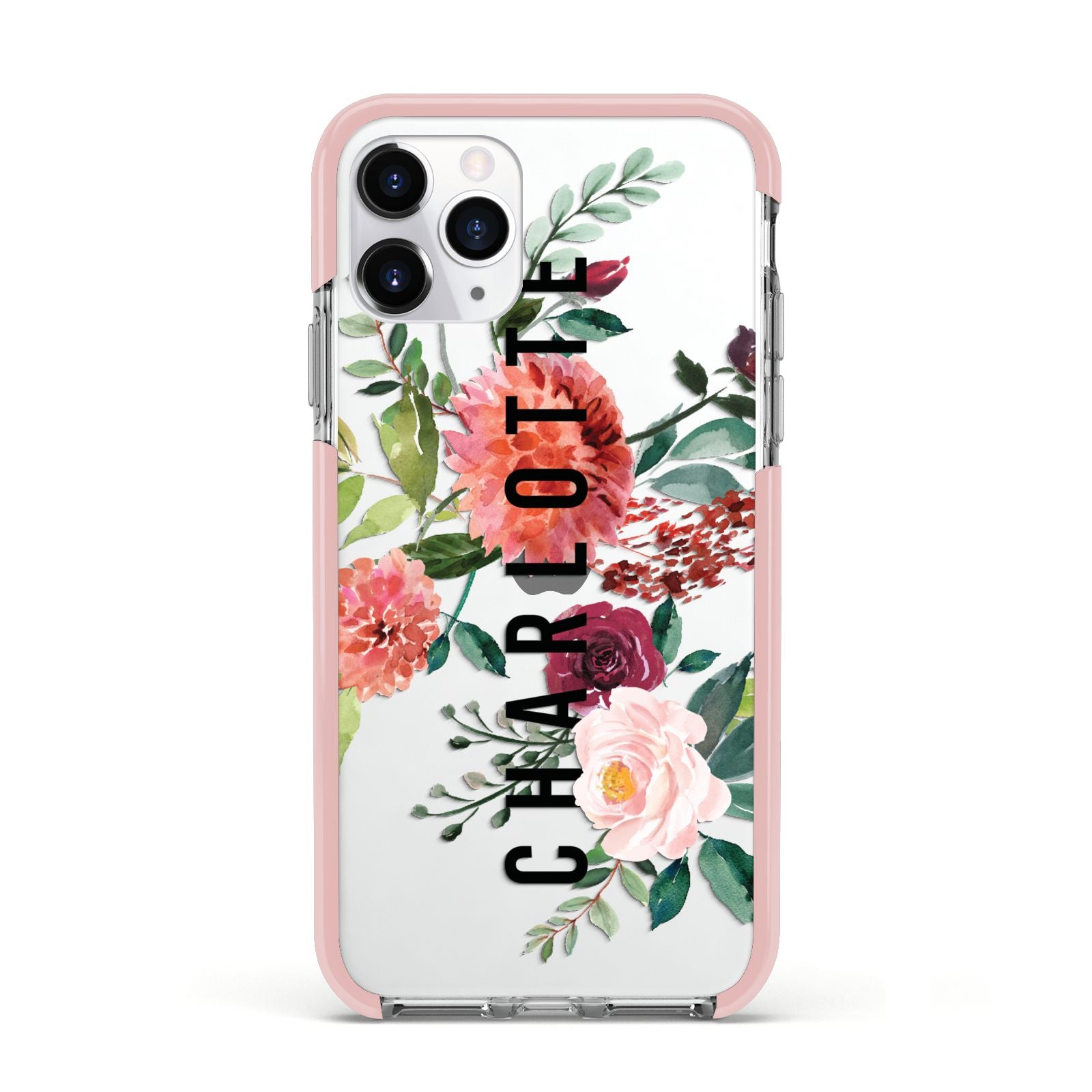 Personalised Side Name Clear Floral Apple iPhone 11 Pro in Silver with Pink Impact Case
