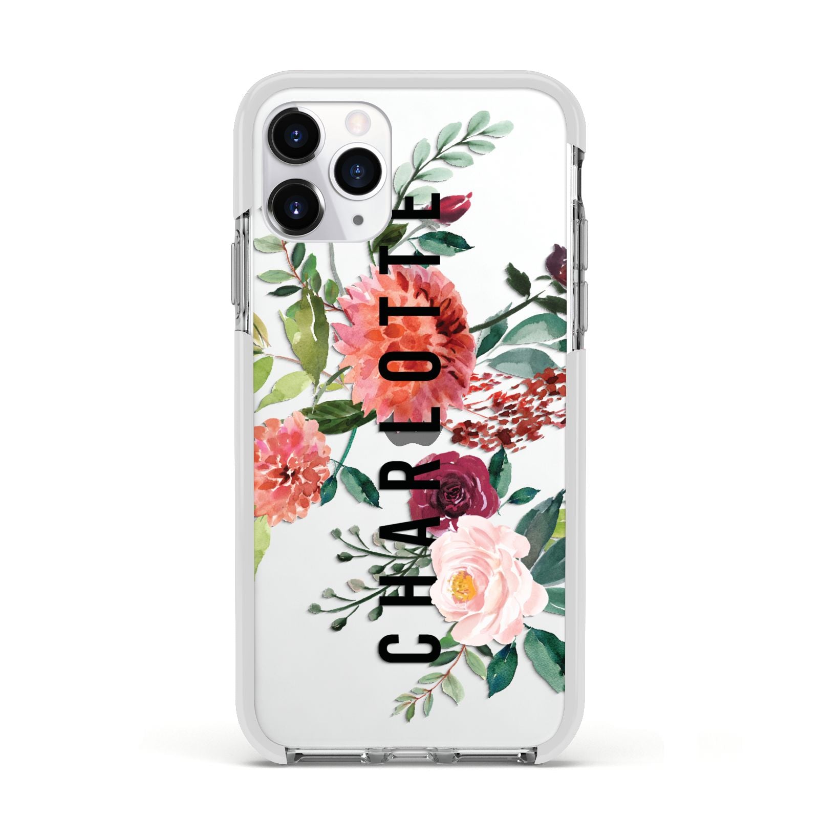 Personalised Side Name Clear Floral Apple iPhone 11 Pro in Silver with White Impact Case