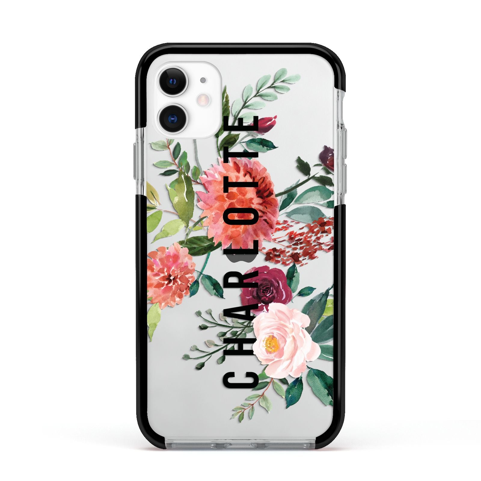 Personalised Side Name Clear Floral Apple iPhone 11 in White with Black Impact Case