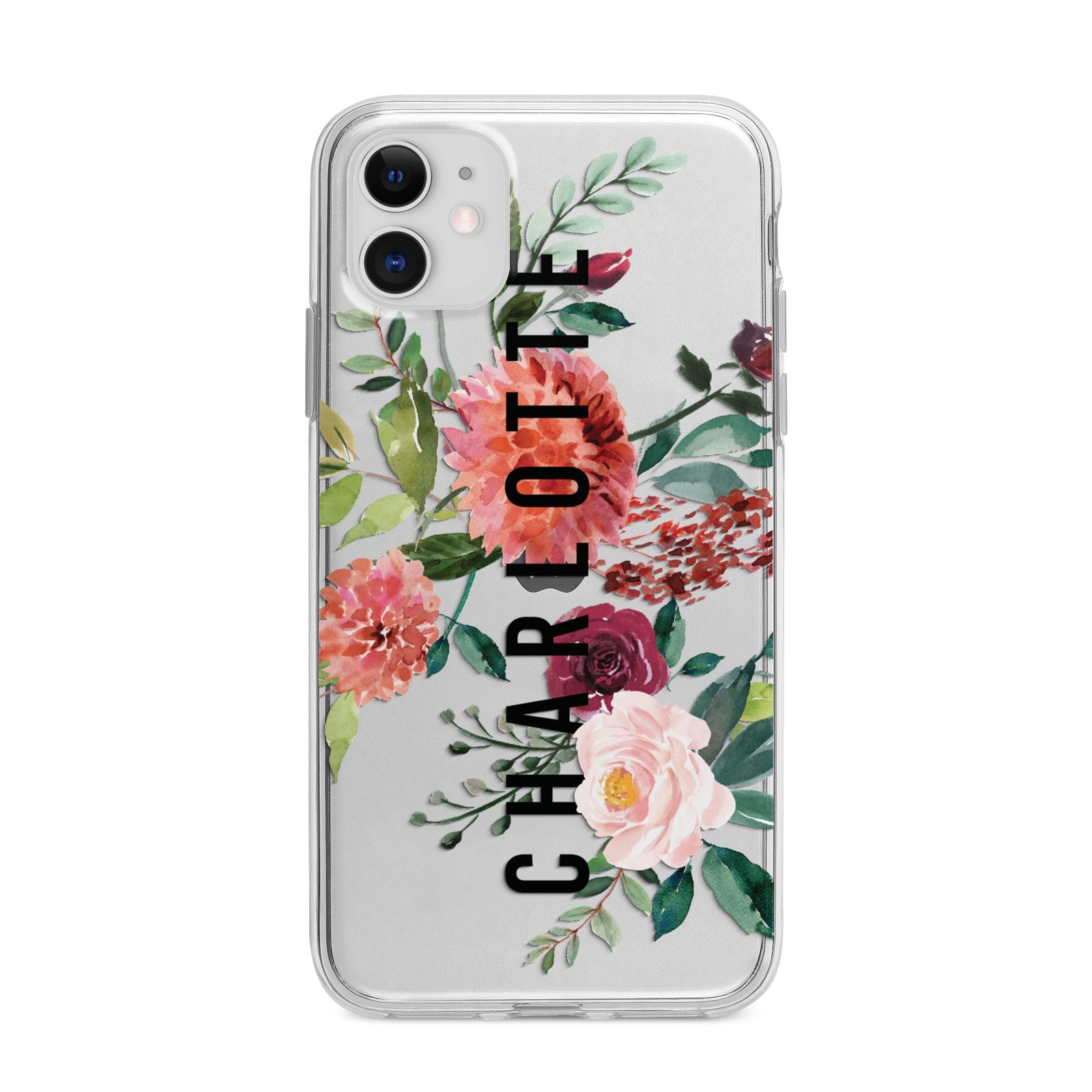 Personalised Side Name Clear Floral Apple iPhone 11 in White with Bumper Case