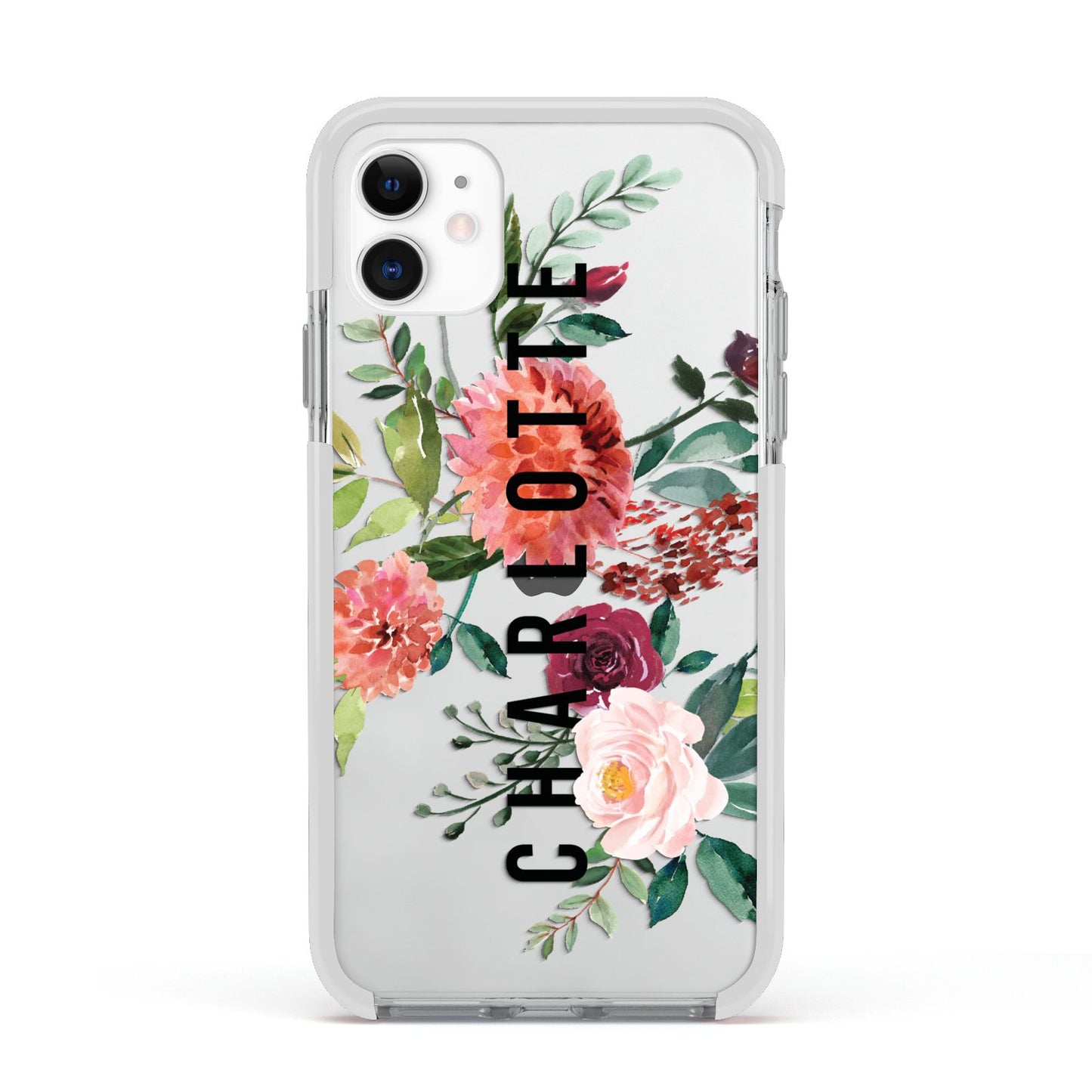 Personalised Side Name Clear Floral Apple iPhone 11 in White with White Impact Case