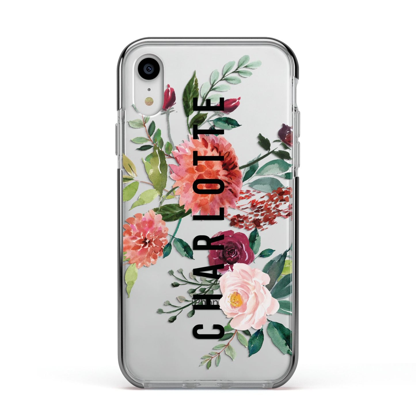 Personalised Side Name Clear Floral Apple iPhone XR Impact Case Black Edge on Silver Phone