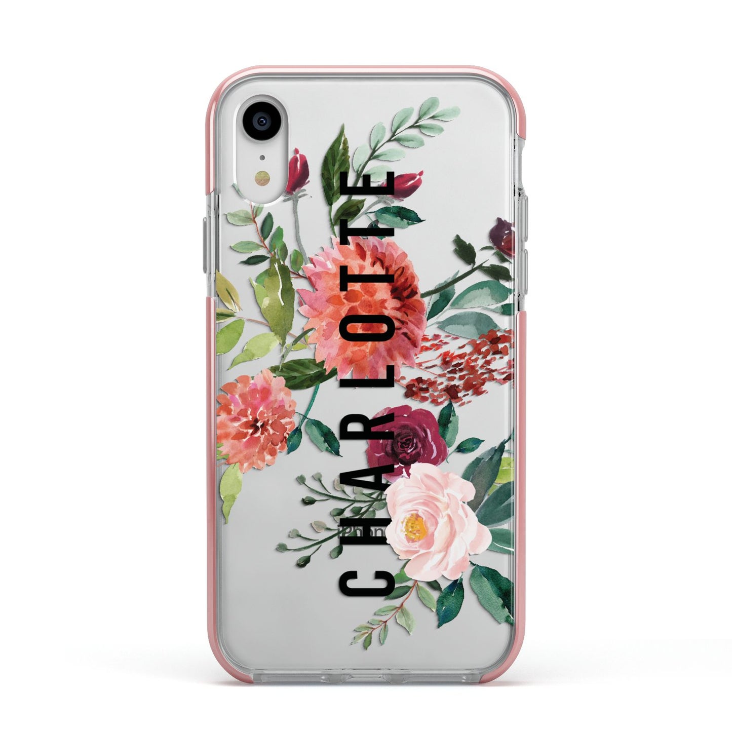 Personalised Side Name Clear Floral Apple iPhone XR Impact Case Pink Edge on Silver Phone