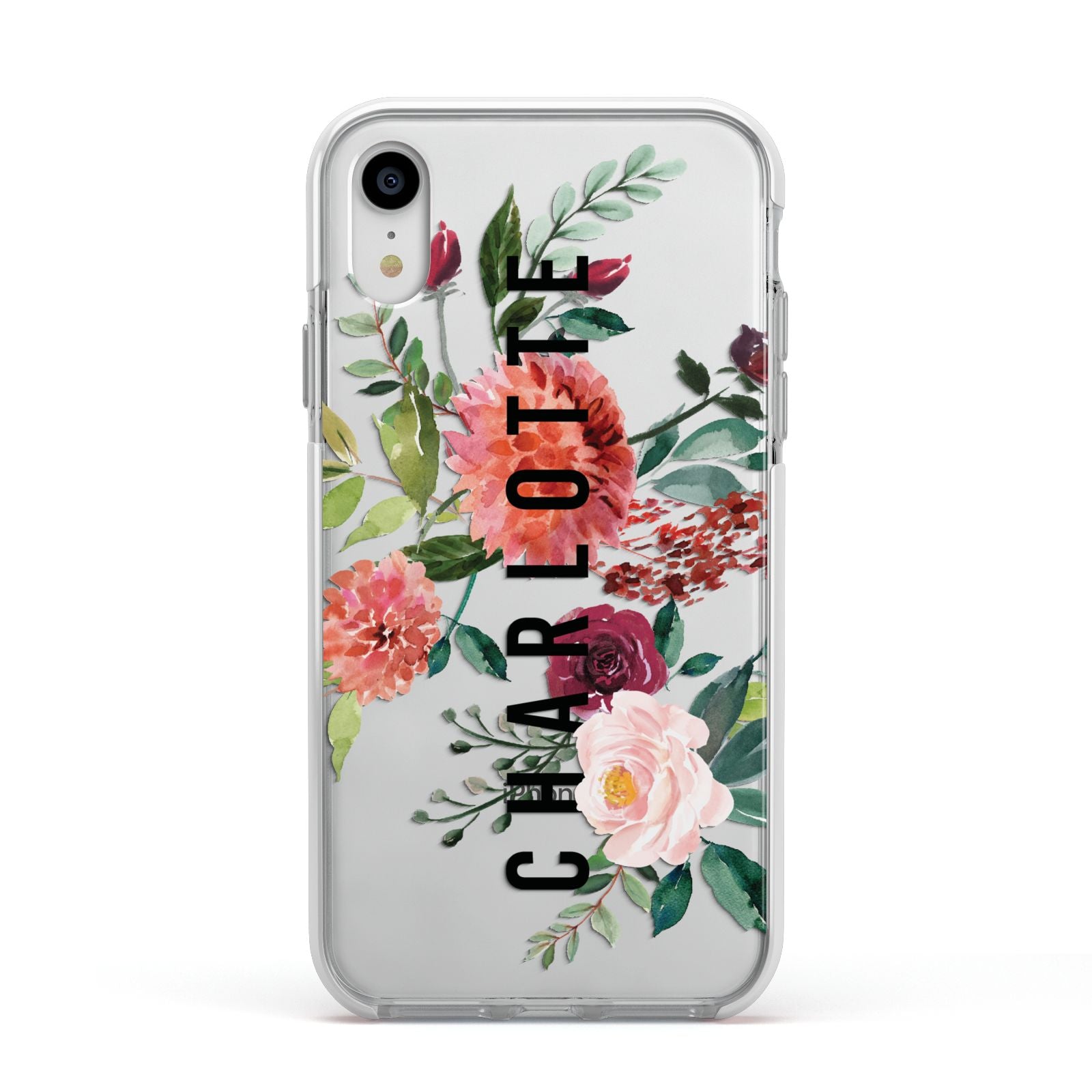 Personalised Side Name Clear Floral Apple iPhone XR Impact Case White Edge on Silver Phone