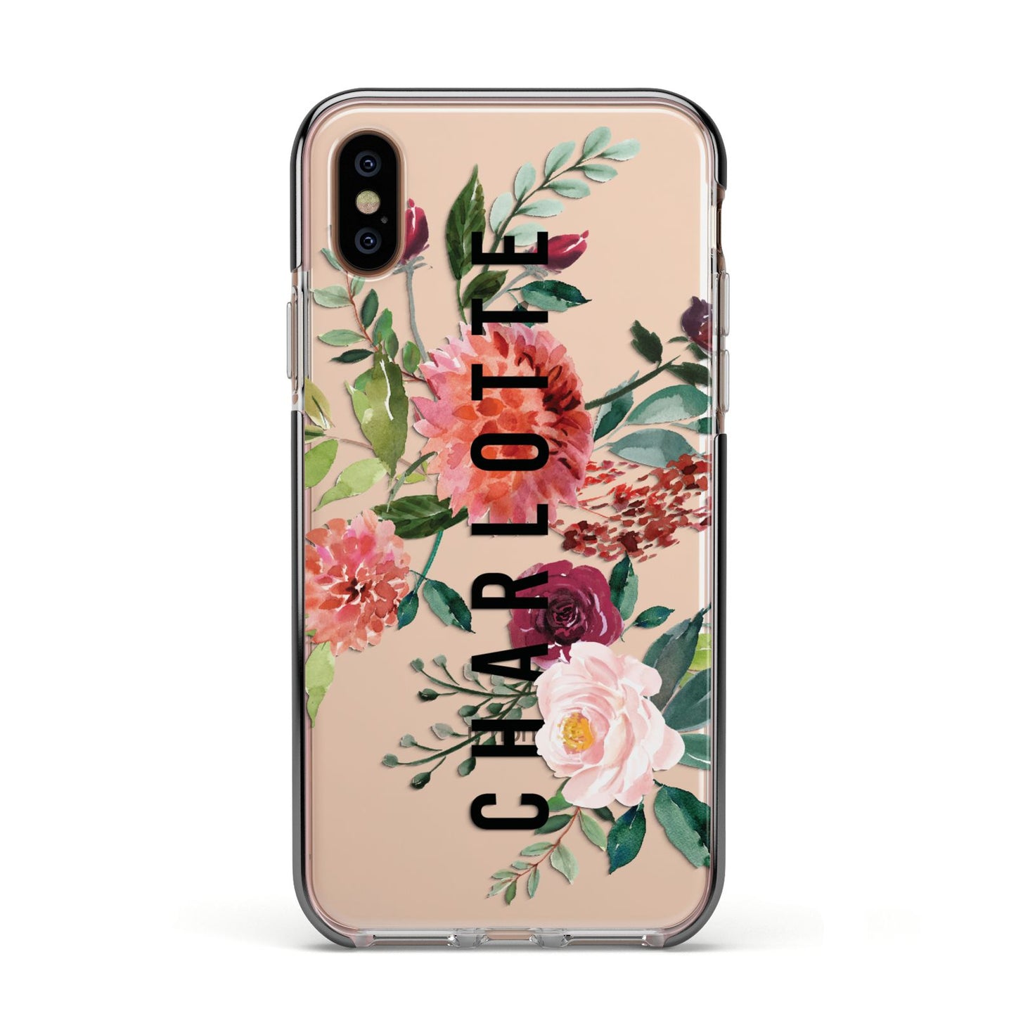 Personalised Side Name Clear Floral Apple iPhone Xs Impact Case Black Edge on Gold Phone